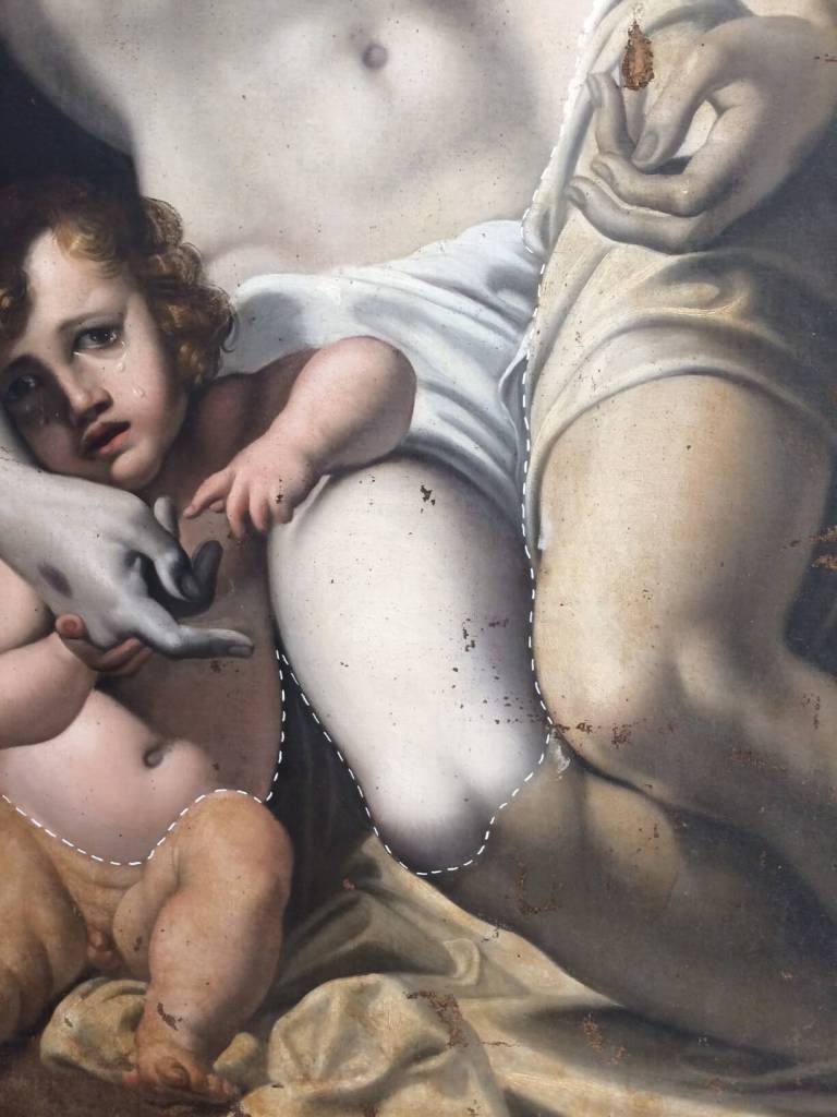 Montemonaco- Deposition with St Francis and Mary Magdalene close up of difference between cleaned and not cleaned sections