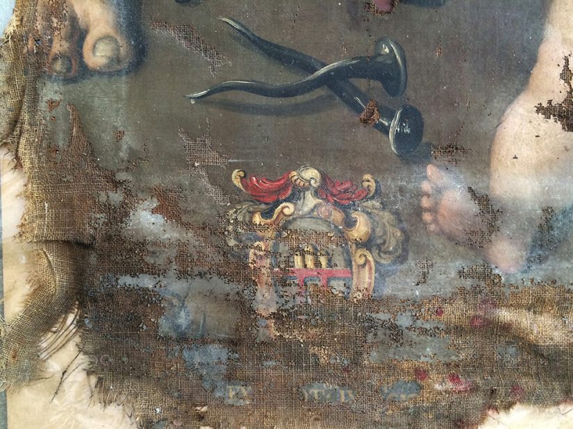 Montemonaco- Deposition with St Francis and Mary Magdalene coat of arms of Montemonaco revealed