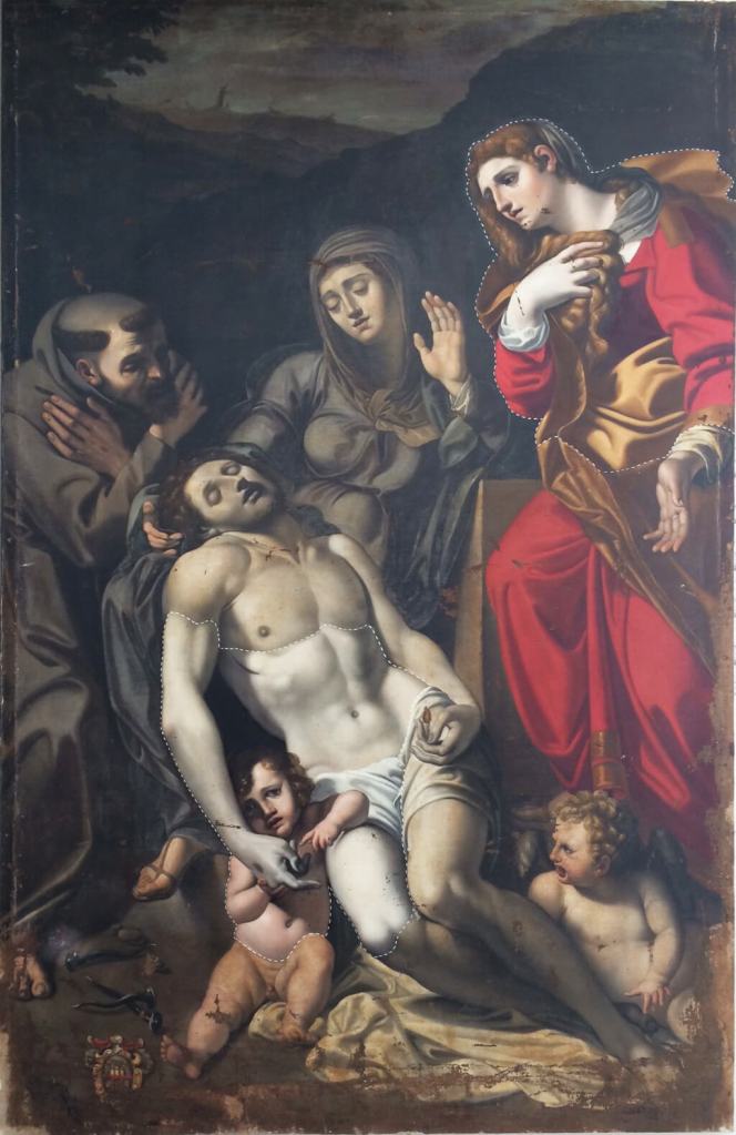Montemonaco- Deposition with St Francis and Mary Magdalene showign difference between cleaned and not cleaned sections