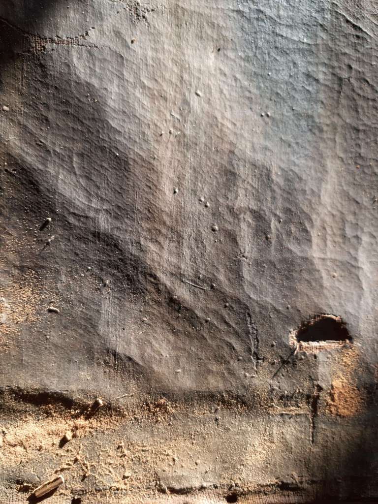 Smerillo- Madonna with Child and Saints Peter and Paul grazing light showing deterioration close up
