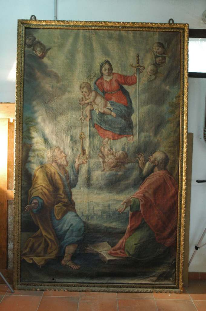 Smerillo - Madonna with Child and Saints Peter and Paul grazing light showing surface deterioration