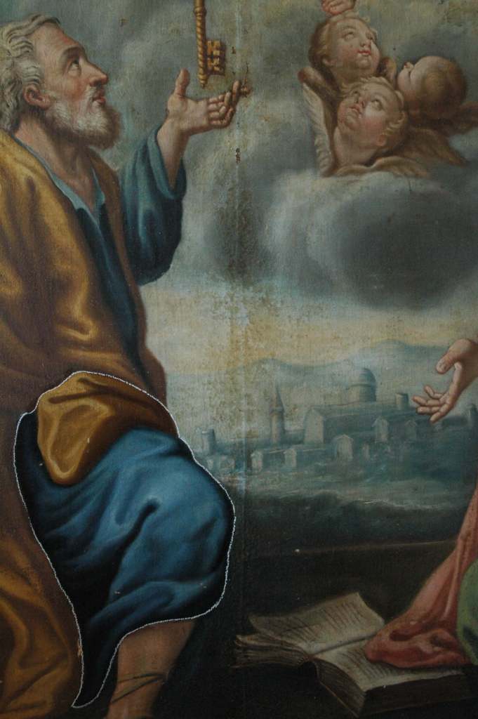 Smerillo - Madonna with Child and Saints Peter and Paul cleaning stage detail