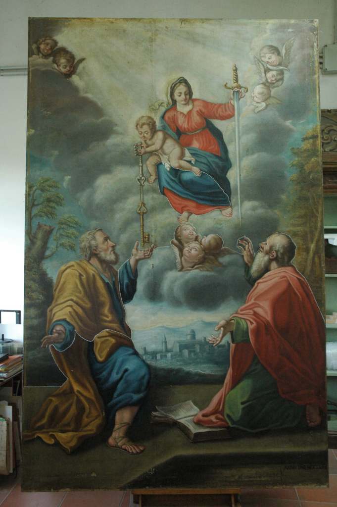 Smerillo - Madonna with Child and Saints Peter and Paul stages of cleaning